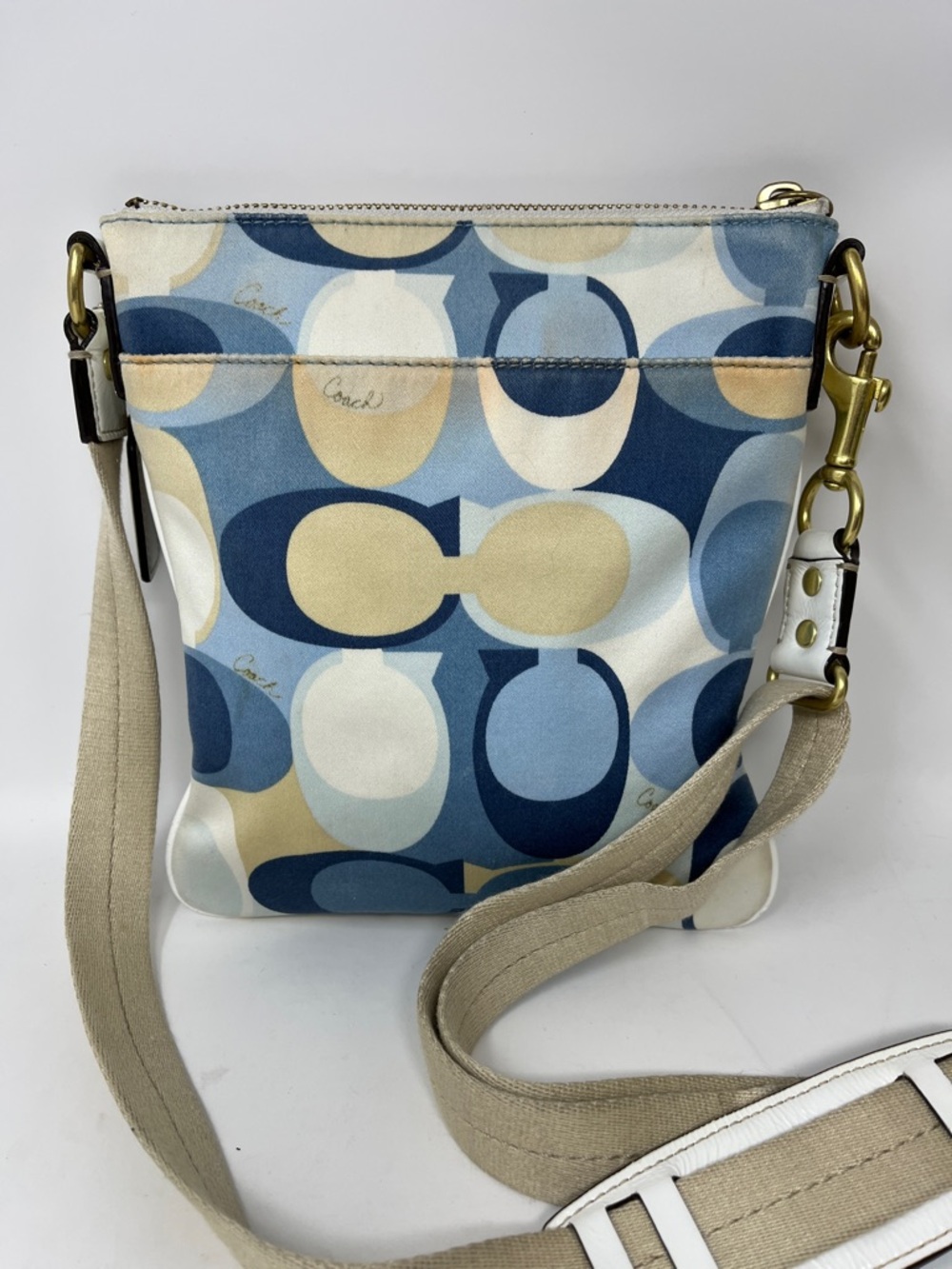 COACH Poppy Op Art Crossbody Swingpack Bag blue cream geometric pattern - Picture 4 of 16